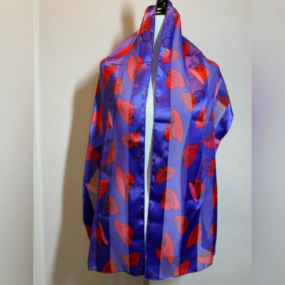 Women's Purple Lightweight Red Satin Fashion Scarf Wrap Red Hat Design 60”x13.5”